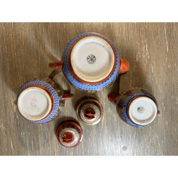 Antique Thousand Faces Kutani Hand-Painted Japanese Teapot, Sugar & Creamer Set - Picture 7 of 12